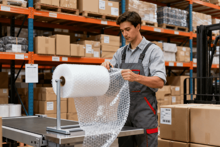 E-commerce warehouse using bubble film rolls